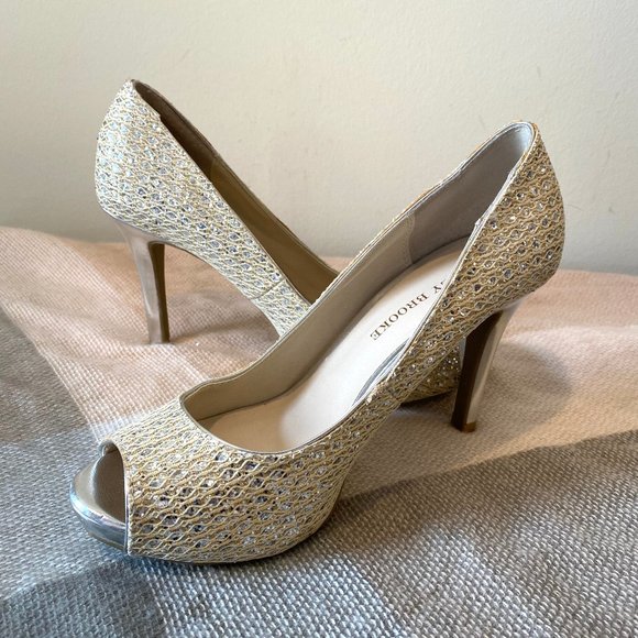 Audrey Brooke Shoes - Audrey Brooke Gold & Silver Quillan Peep Toe Heels